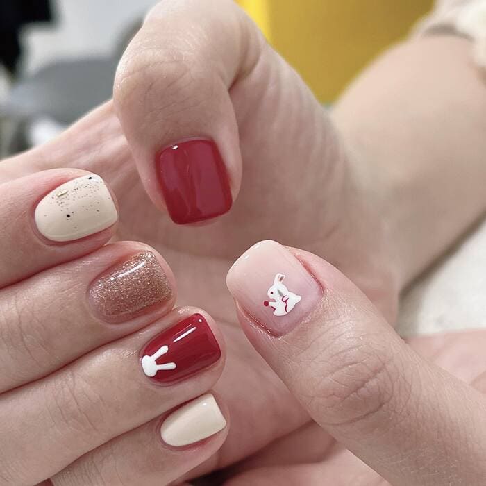Short Square Nails Bunny Stickers — Lunar New Year Nails