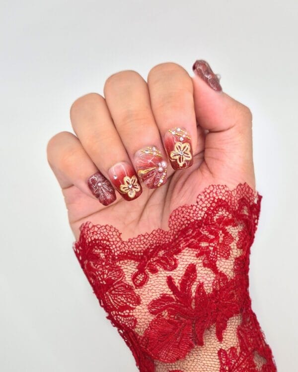 Short Square Nails With Gold Flowers — Lunar New Year Nails