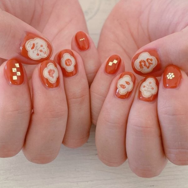 Short Oval Nails Burnt Orange Motifs — Lunar New Year Nails