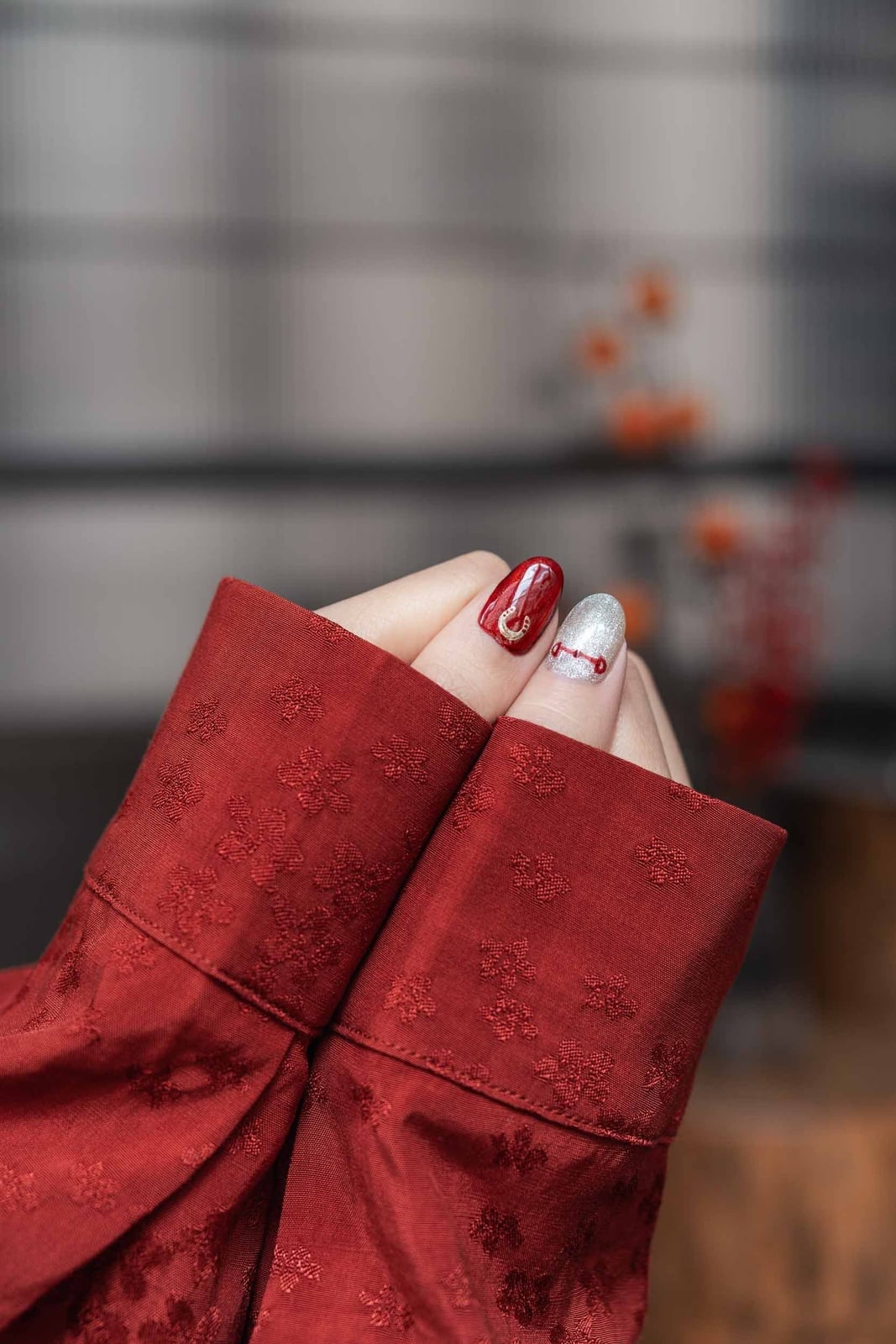 Short Almond Nails Red Gold Silver — Lunar New Year Nails