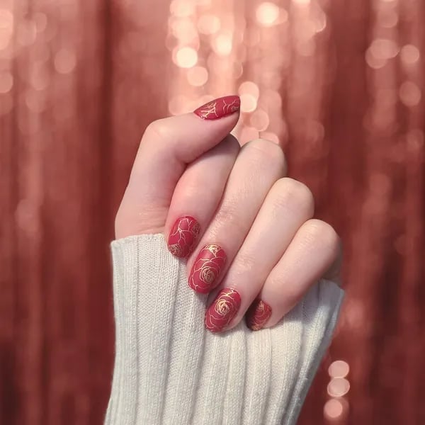 Medium Almond Red Nails Gold Roses — Lunar New Year Nails