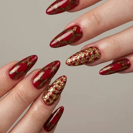 Medium Almond Nails Gold Snake Print — Lunar New Year Nails
