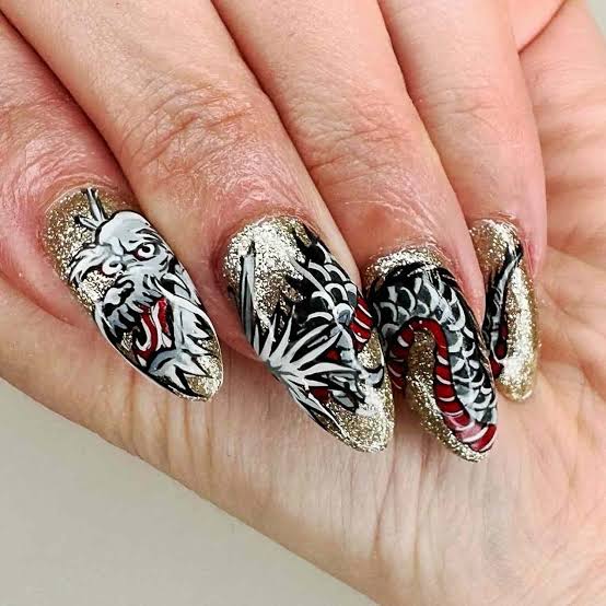 Glitter Almond Nails With Dragon Art — Lunar New Year Nails