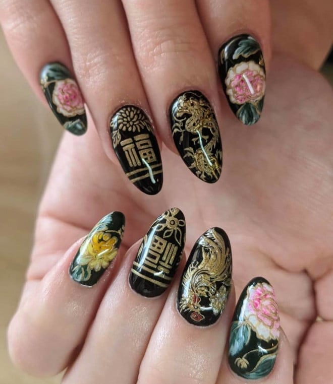 Glossy Black Almond Nails With Gold Art — Lunar New Year Nails