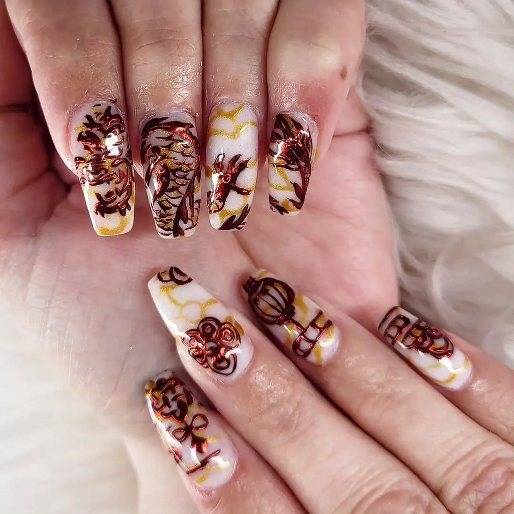 Long Coffin Nails With Gold Marbling — Lunar New Year Nails