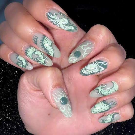 Pale Green Almond Nails With Dragon Art — Lunar New Year Nails