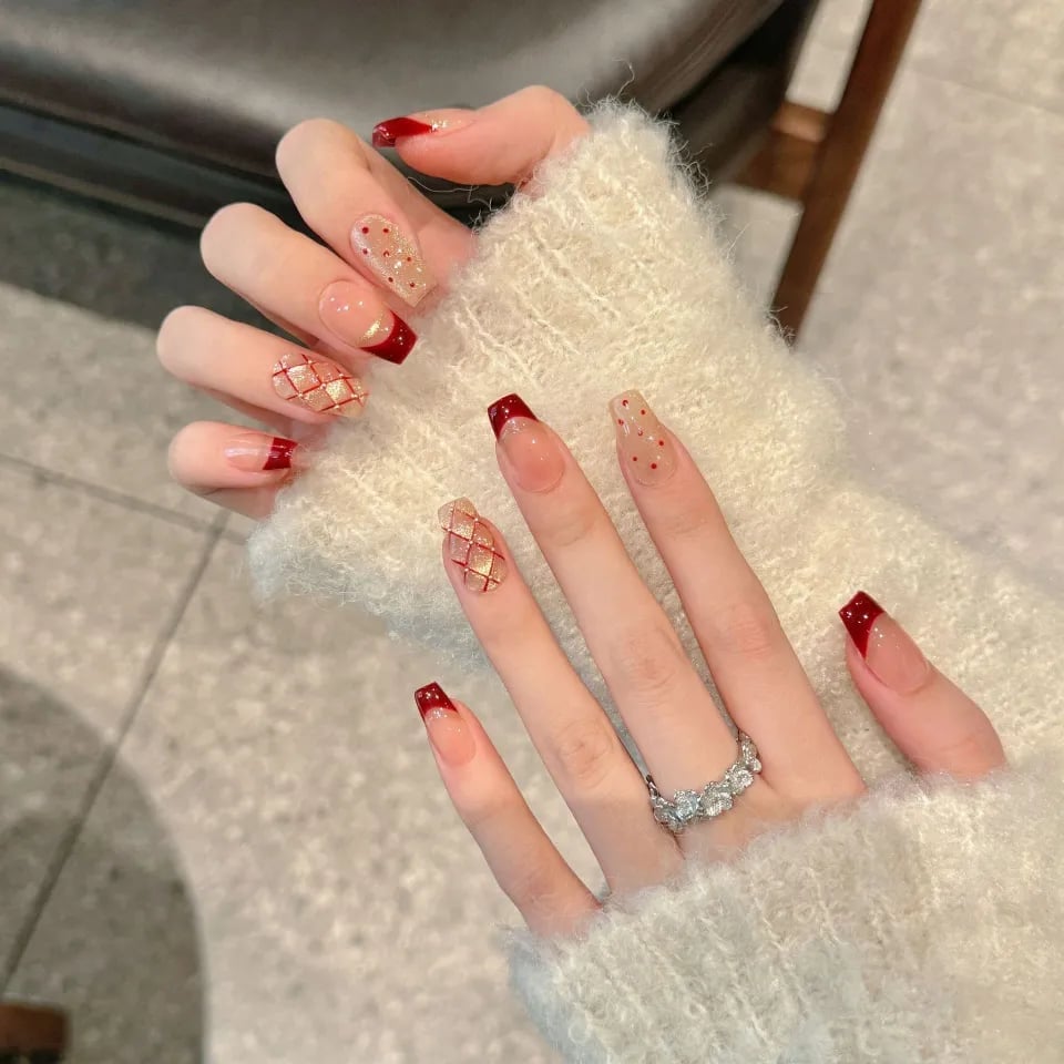Long Coffin Nails With Red French Tips — Lunar New Year Nails