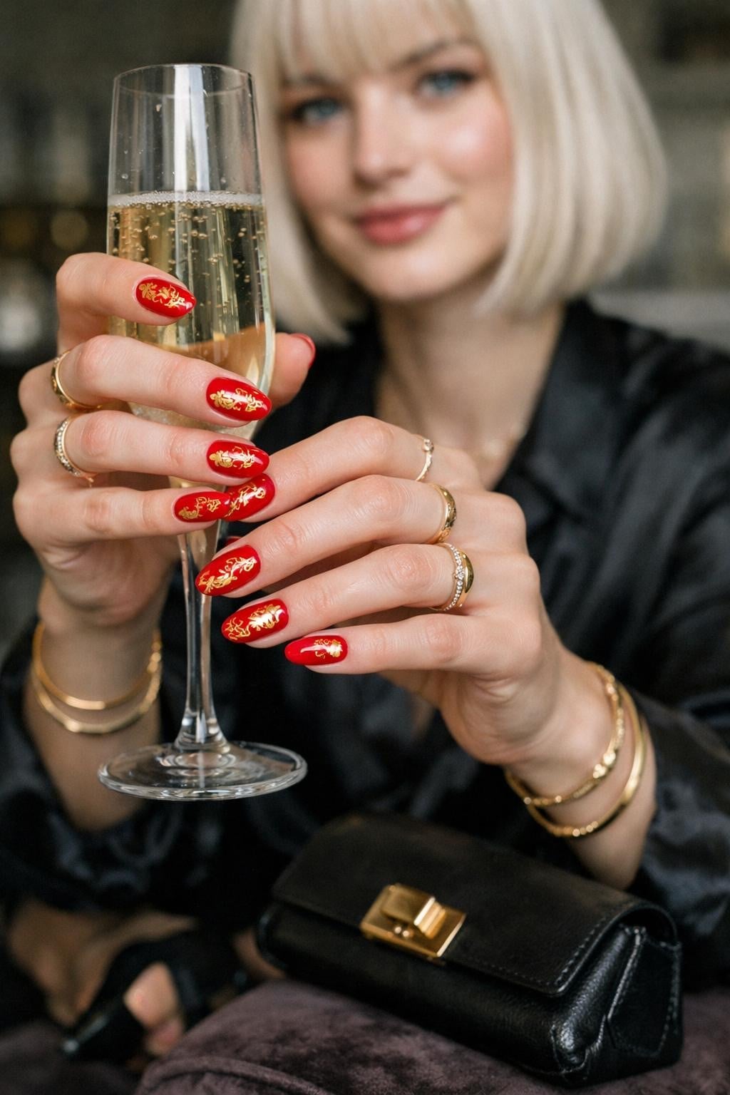 Short Oval Red Nails With Gold Motifs — Lunar New Year Nails