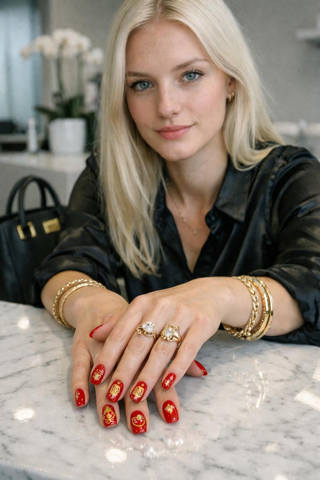 Vibrant Red Short Oval Nails With Gold, Glossy — Lunar New Year Nails