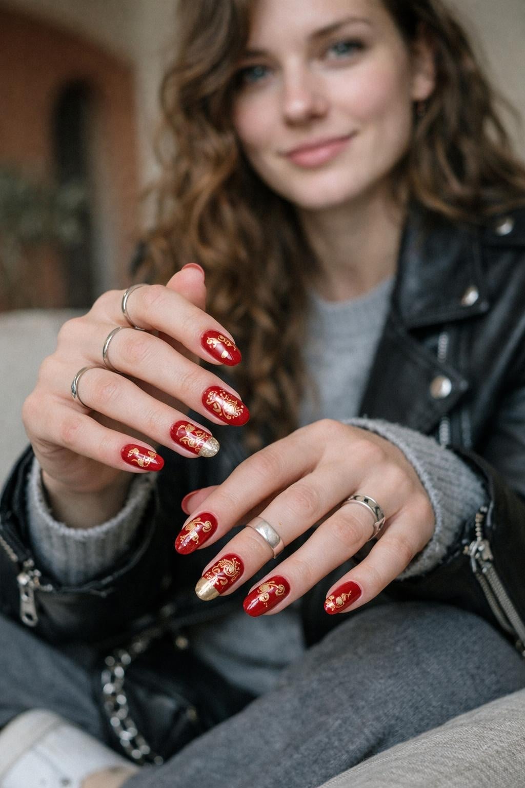 Festive Red Oval Nails Gold Accents — Lunar New Year Nails