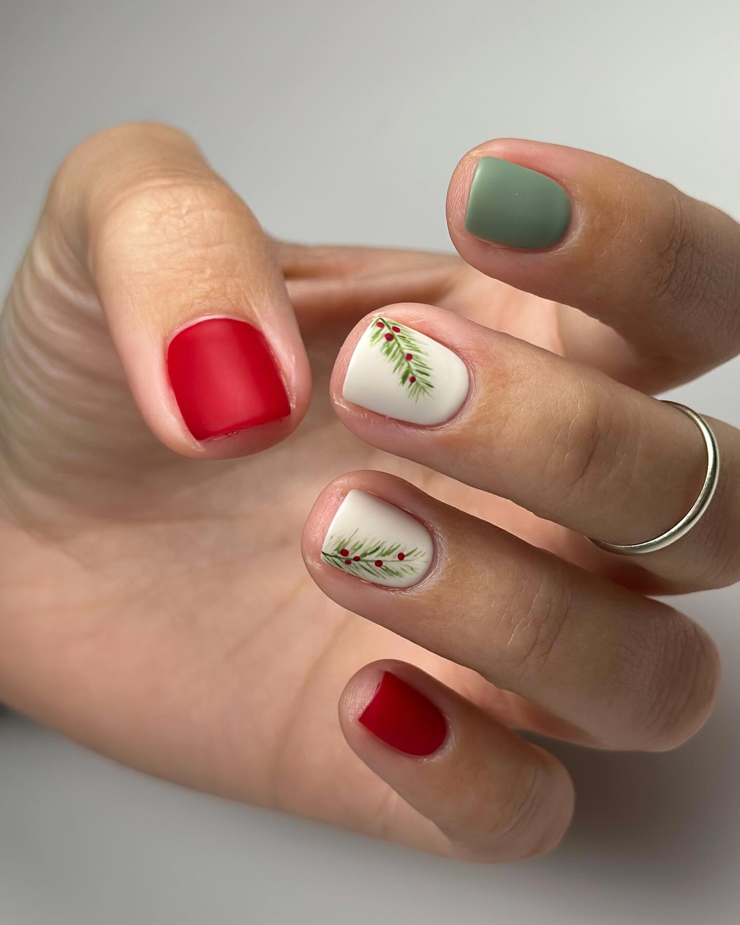Matte Pine Branch And Berry Holiday Nail Art