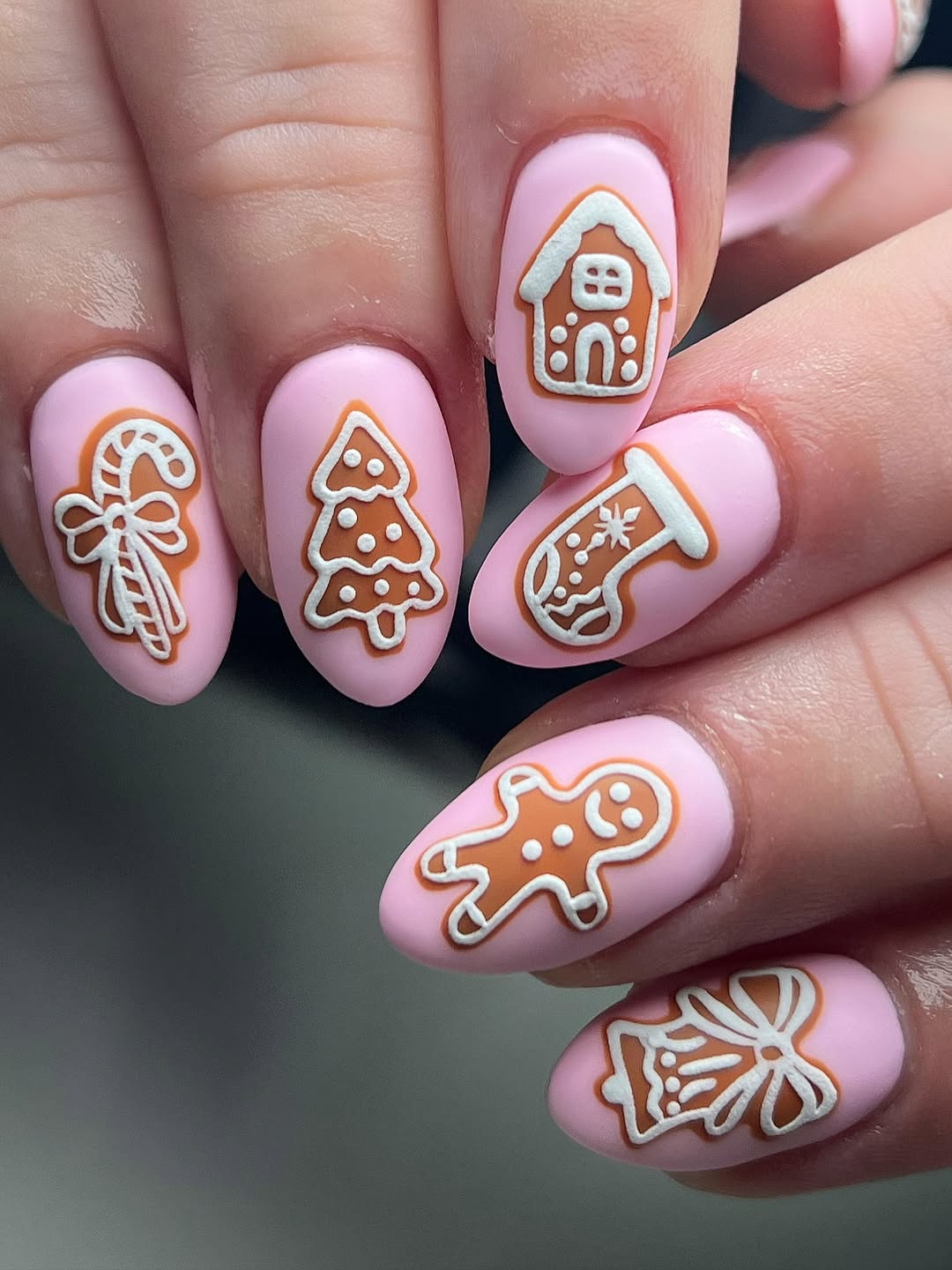 Matte Pink Gingerbread House and Candy Cane Nails