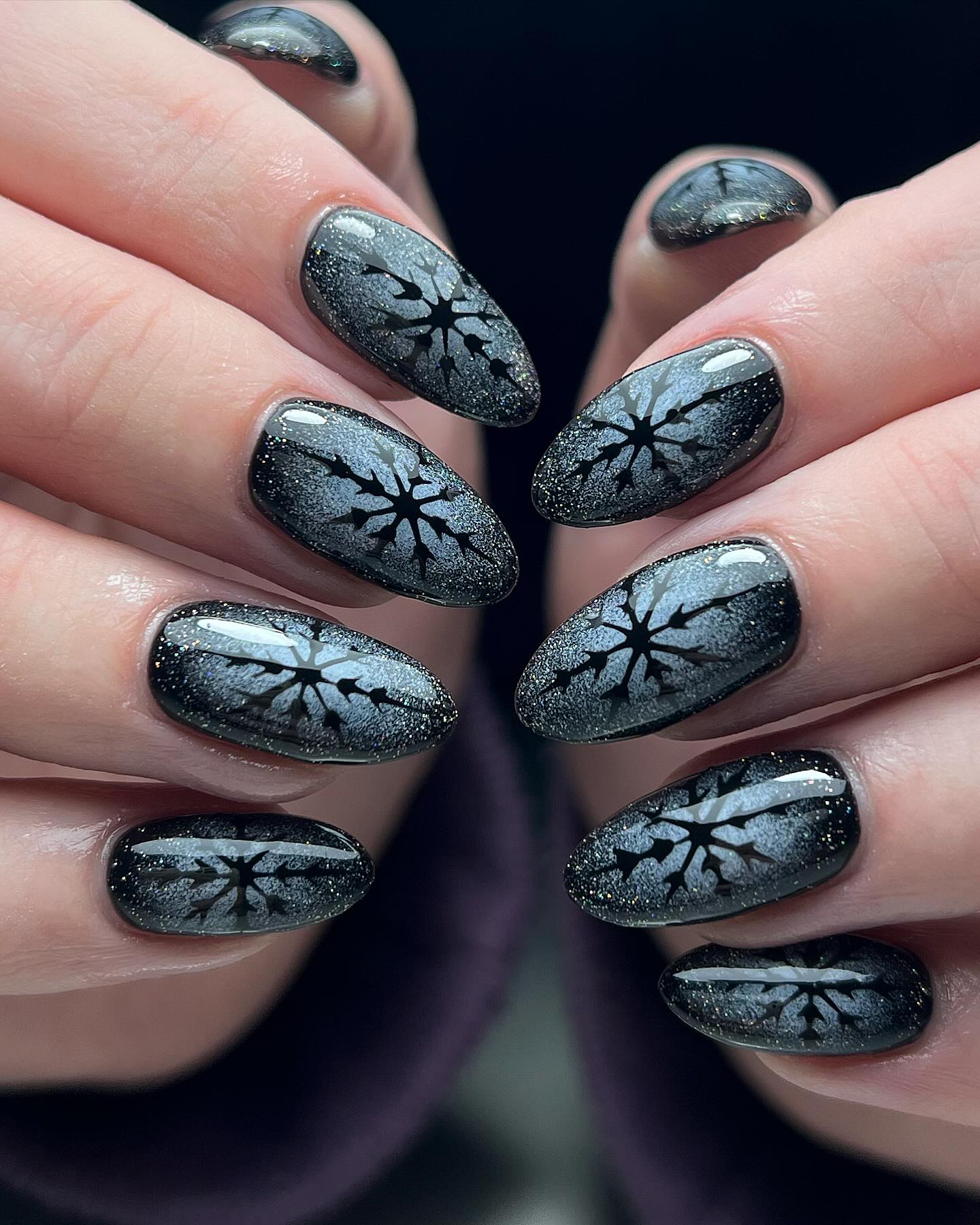 Midnight Sparkle Snowflake Oval Nails