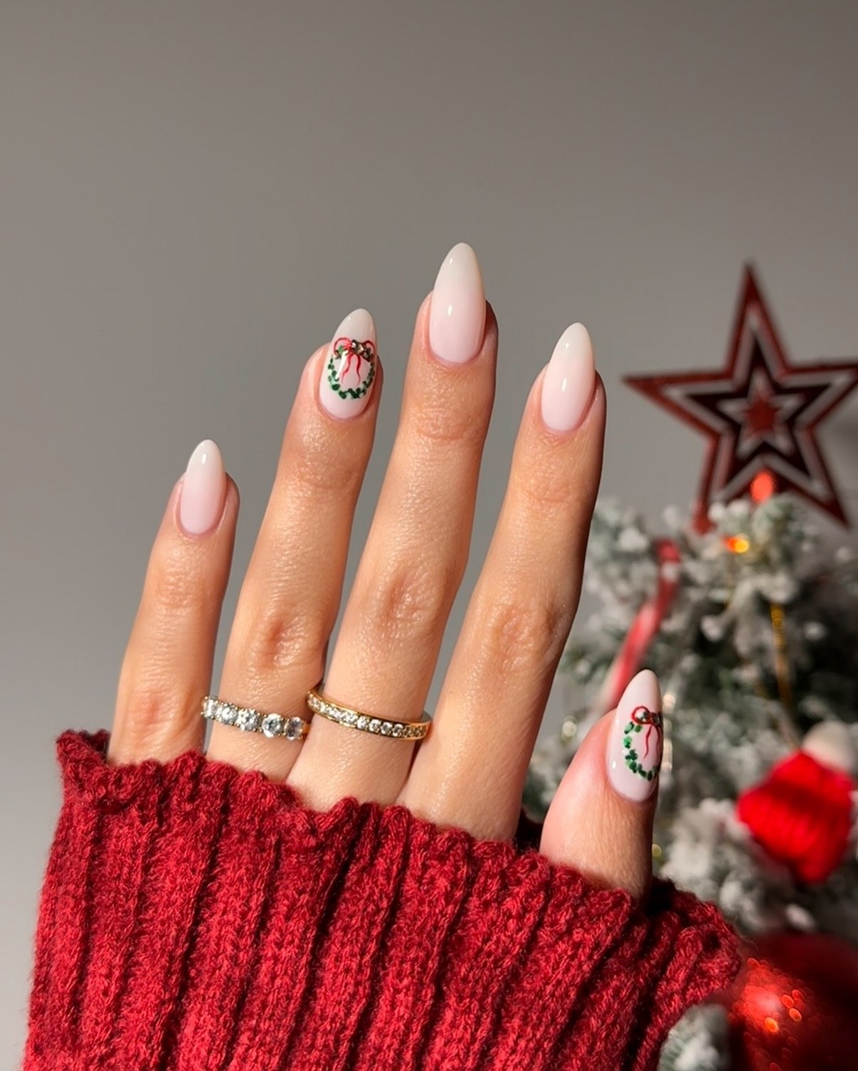 Milky White Almond Nails With Christmas Wreath Art