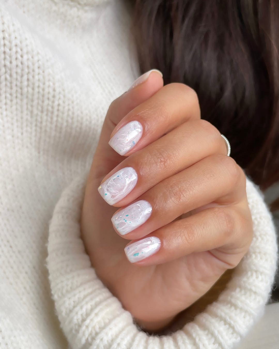 Milky White Swirl Short Squoval Nails