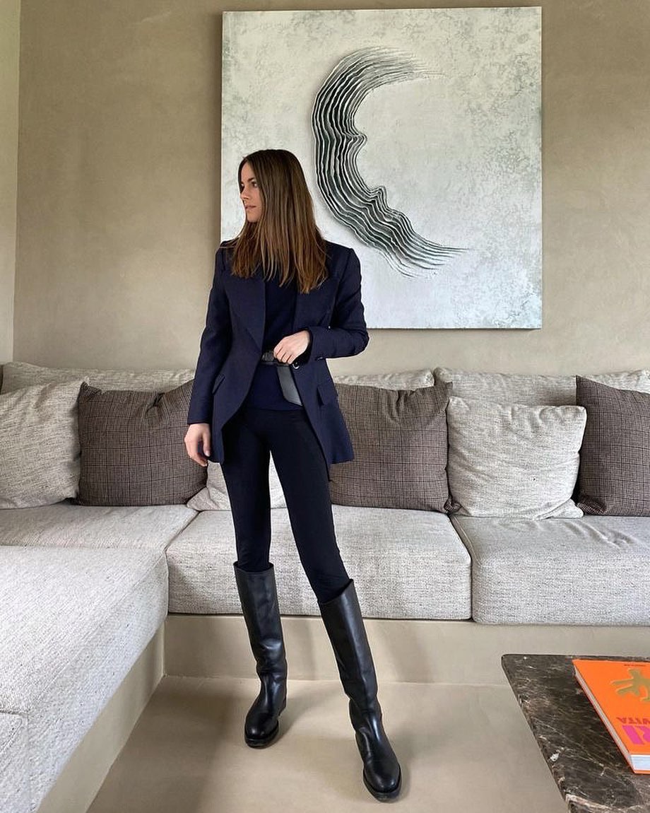 Navy Blazer And Black Knee High Boots Look
