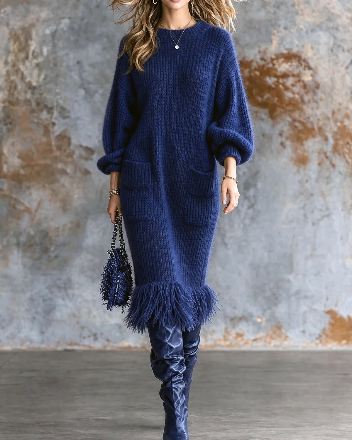 Navy Feather-Trim Knit Dress And Knee-High Boots