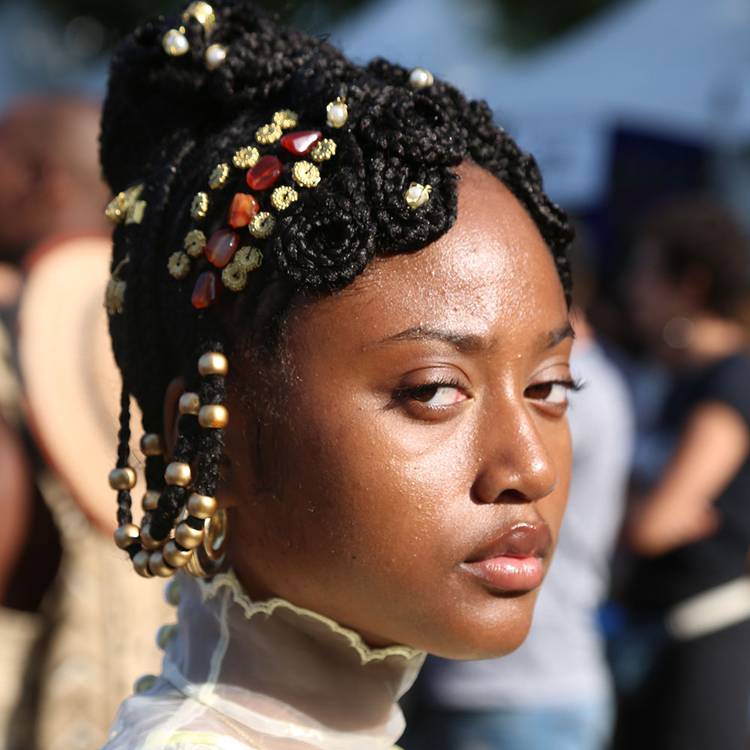 Ornate Black Braided Updo With Beads — New Years Eve Hairstyles
