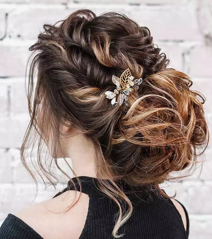 Dark Brown Updo With Blonde Highlights And Gold Accessory — New Years Eve Hairstyles