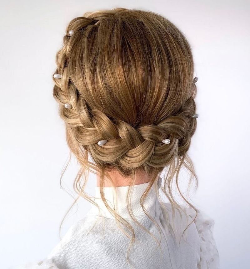 Blonde Braided Updo With Pearls — New Years Eve Hairstyles
