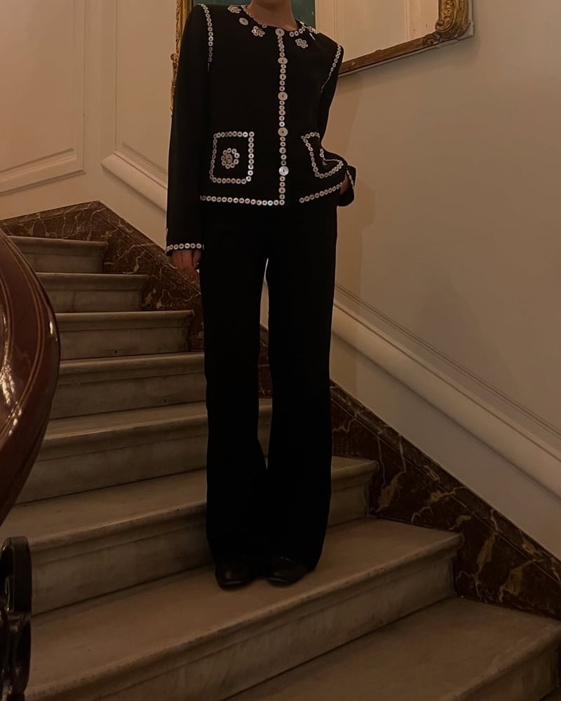 Embellished jacket with wide-leg trousers — New Years Eve Outfits Casual