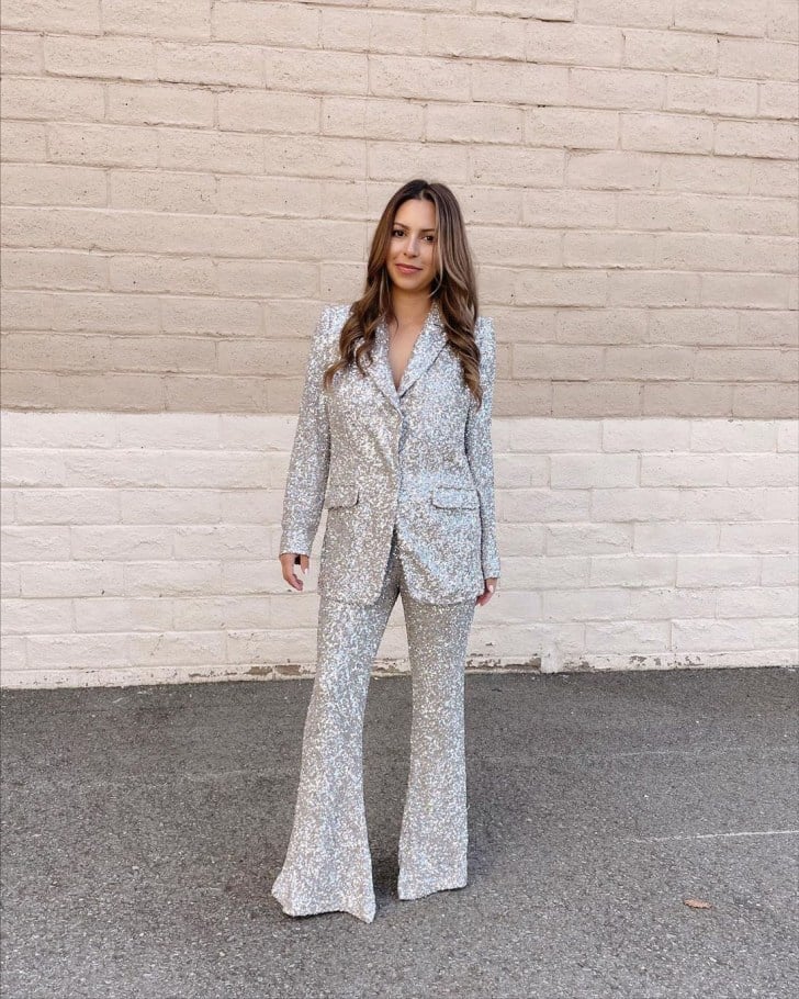 Silver sequin suit for a festive statement, Wide Leg Trousers — New Years Eve Outfits Casual
