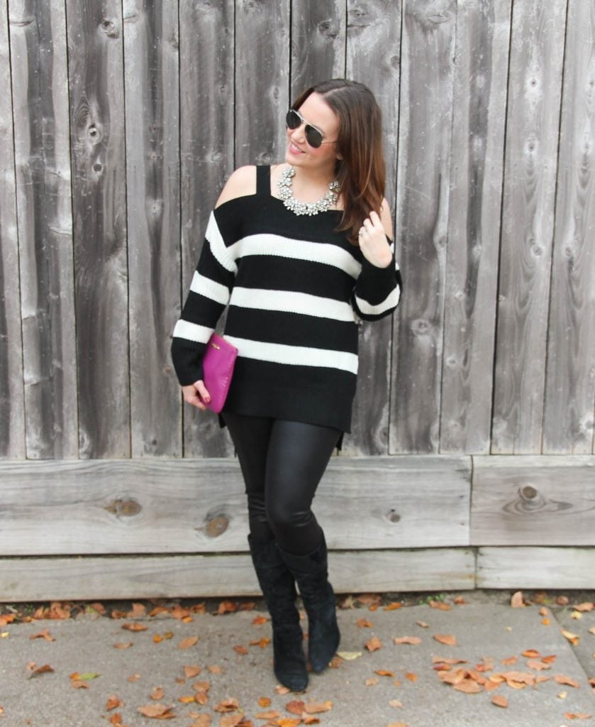 Striped cold-shoulder sweater with faux leather leggings — New Years Eve Outfits Casual