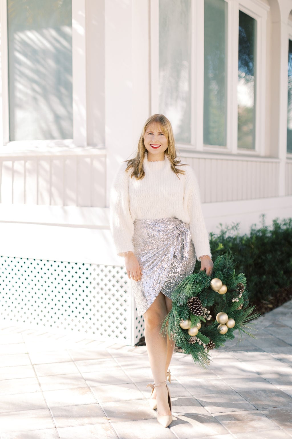 Fluffy sweater with silver sequin wrap skirt — New Years Eve Outfits Casual