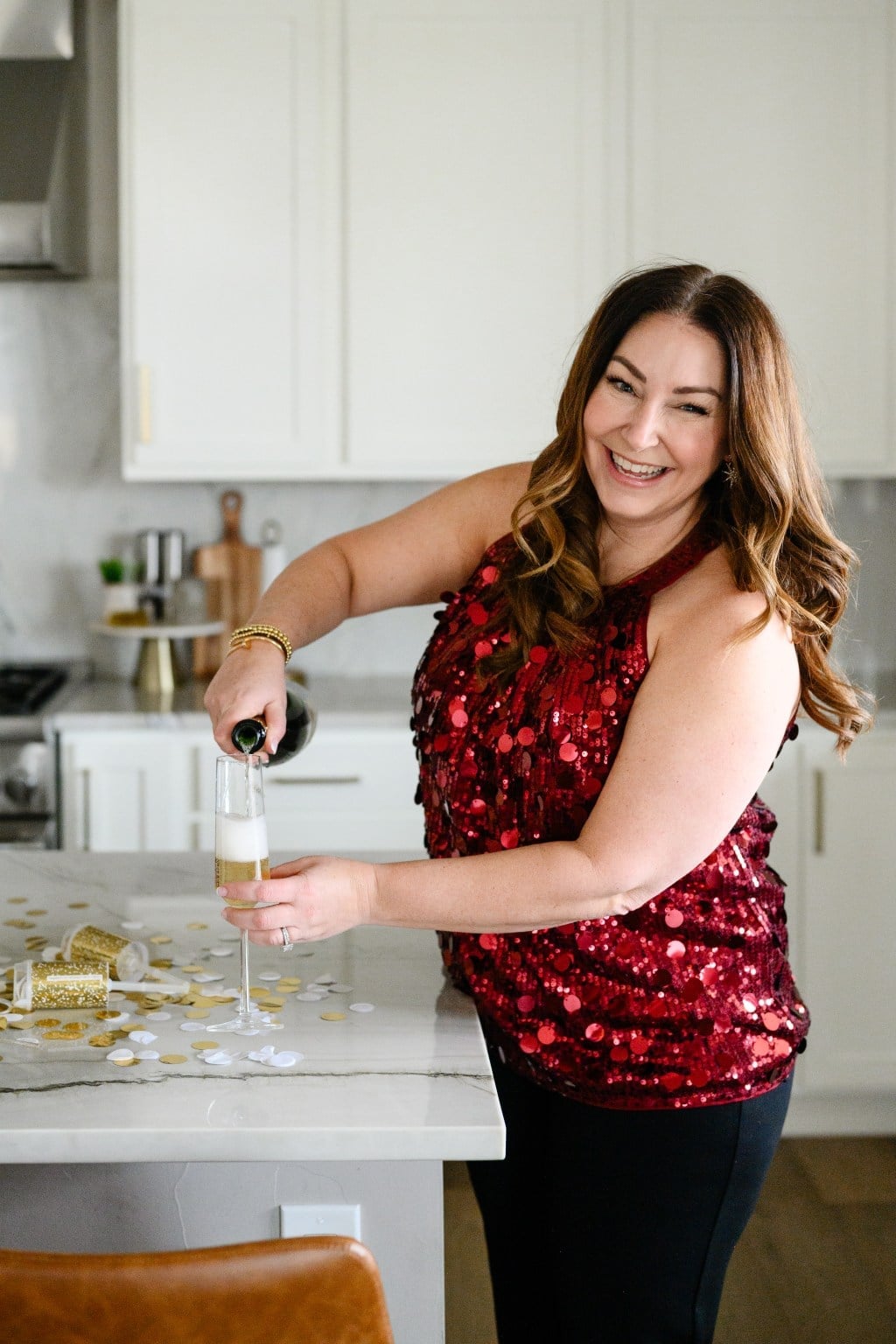 Red sequin halter top with black trousers, Close-Up Take — New Years Eve Outfits Casual