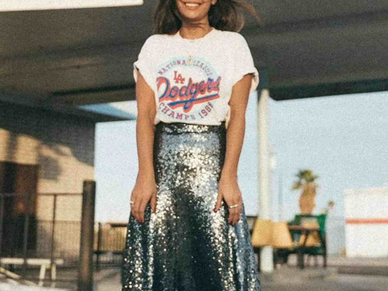 Graphic tee with a silver sequin skirt, Close-Up Take — New Years Eve Outfits Casual