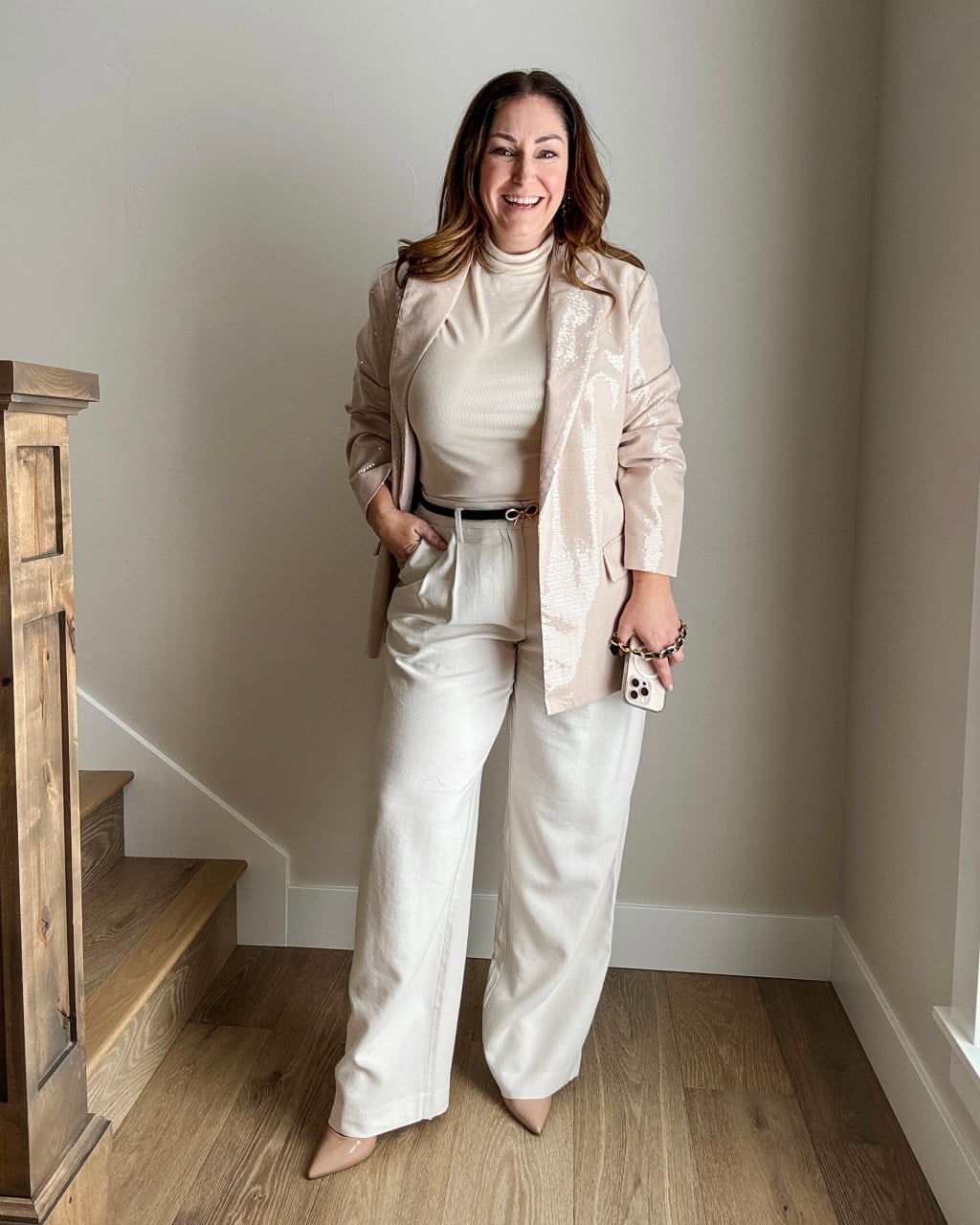 Sequin oversized blazer with cream set — New Years Eve Outfits Casual