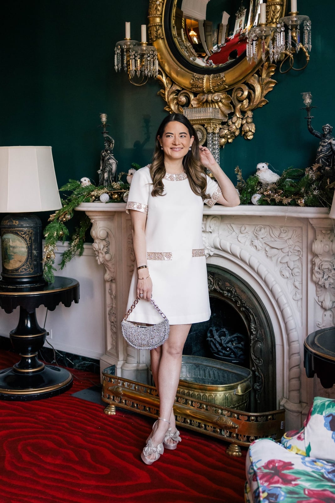 Embellished mini dress with silver heels — New Years Eve Outfits Casual