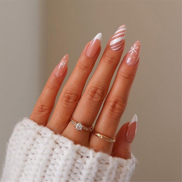 Short Almond Sheer Nude With French Tips Short Almond Sheer Nude With French Tips — Nude Christmas Nails