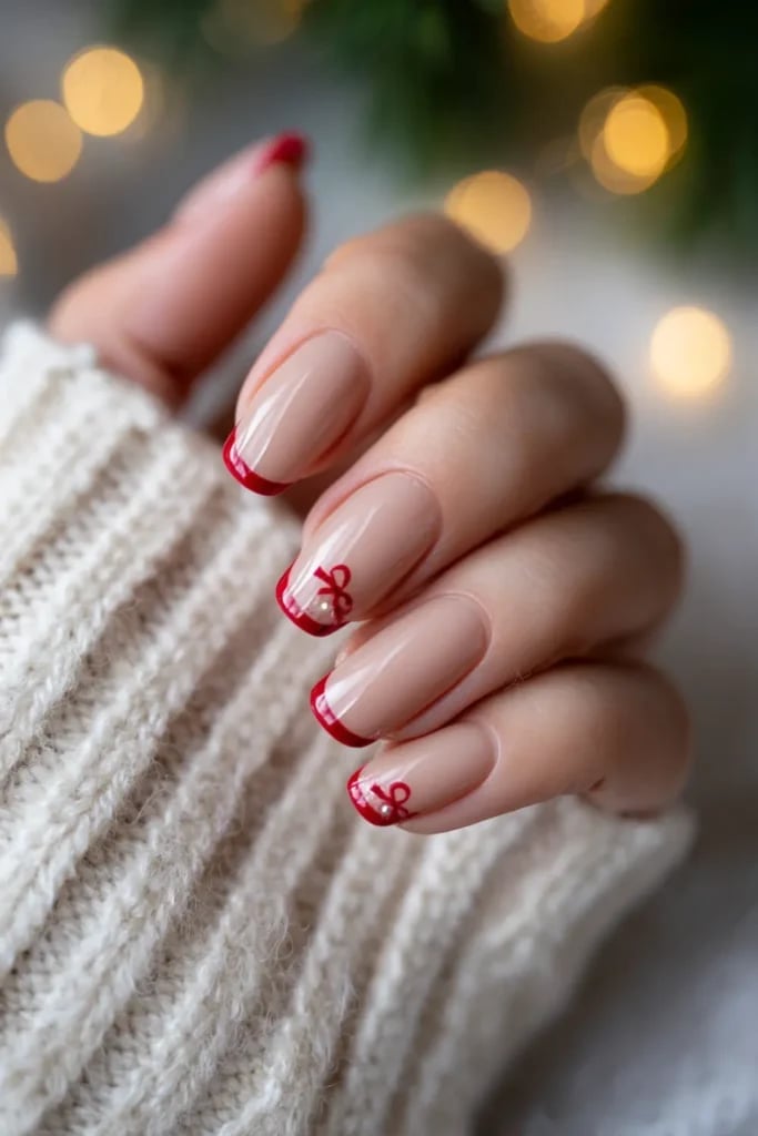 Medium Square Nude French With Red Bows Medium Square Nude French With Red Bows — Nude Christmas Nails