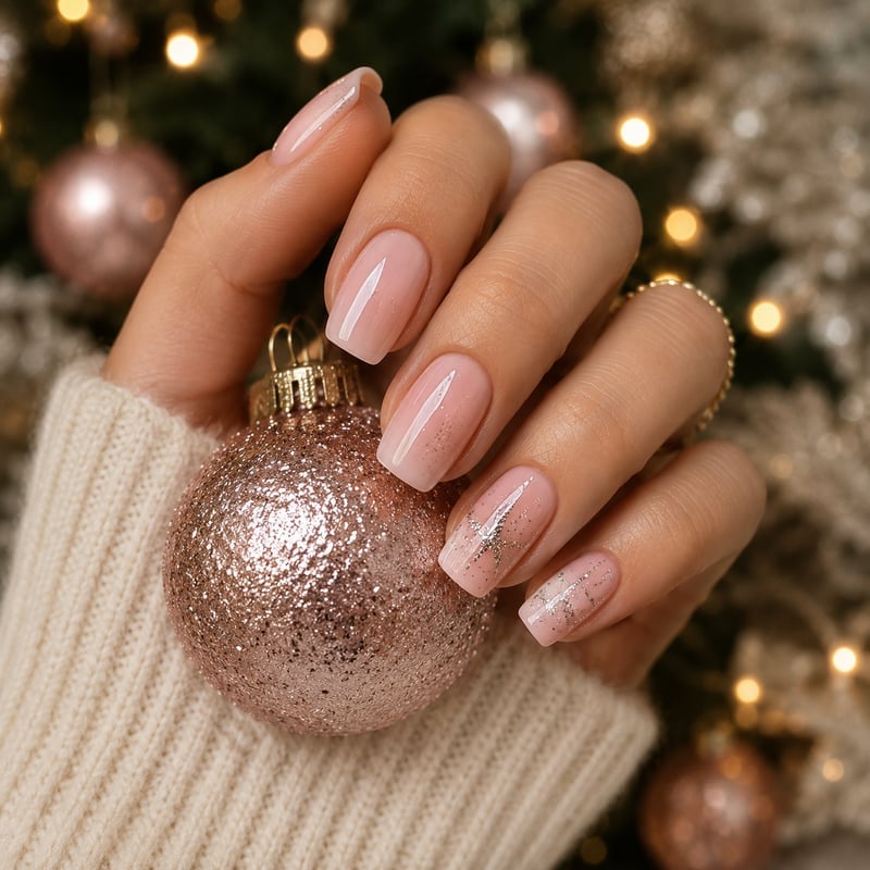 Short Square Milky Pink With Silver Glitter Short Square Milky Pink With Silver Glitter — Nude Christmas Nails