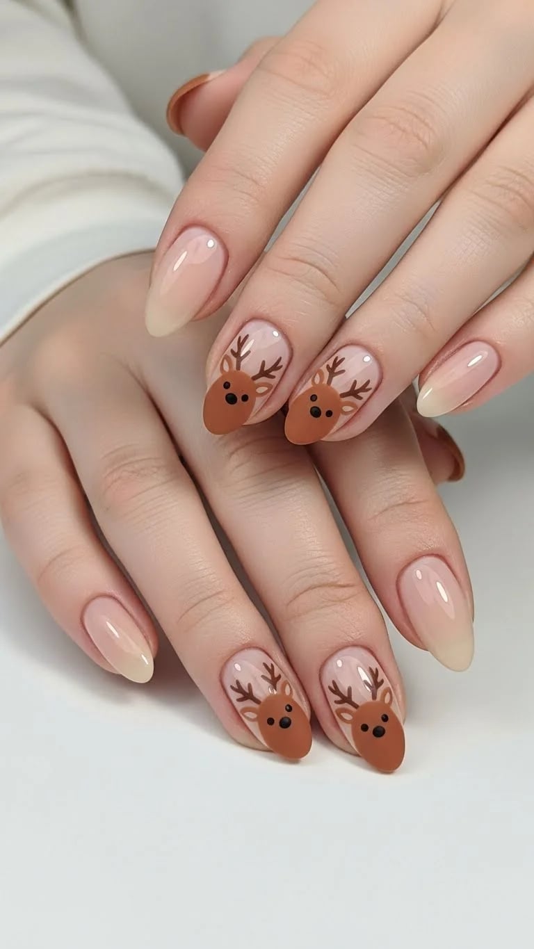 Medium Almond Nude With Reindeer Faces Medium Almond Nude With Reindeer Faces — Nude Christmas Nails