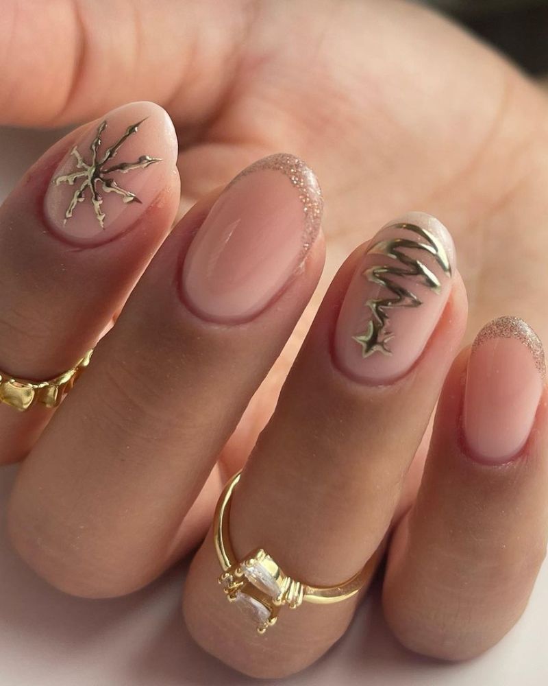 Medium Almond Nude With 3D Gold Embellishments Medium Almond Nude With 3D Gold Embellishments — Nude Christmas Nails