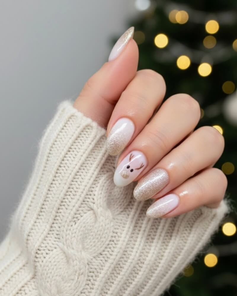Medium Almond Nude With Glitter Reindeer, Glossy Medium Almond Nude With Glitter Reindeer, Glossy — Nude Christmas Nails
