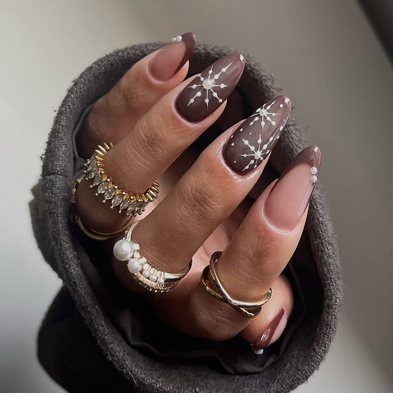 Long Almond Brown With Snowflake Pearls Long Almond Brown With Snowflake Pearls — Nude Christmas Nails