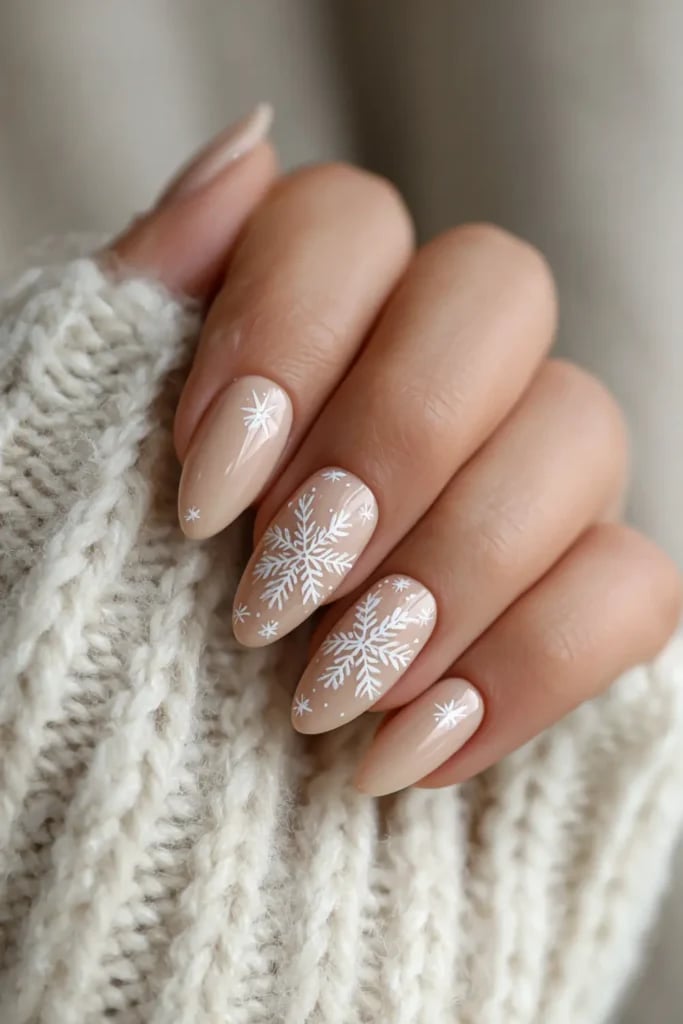 Medium Almond Light Beige With Snowflakes Medium Almond Light Beige With Snowflakes — Nude Christmas Nails