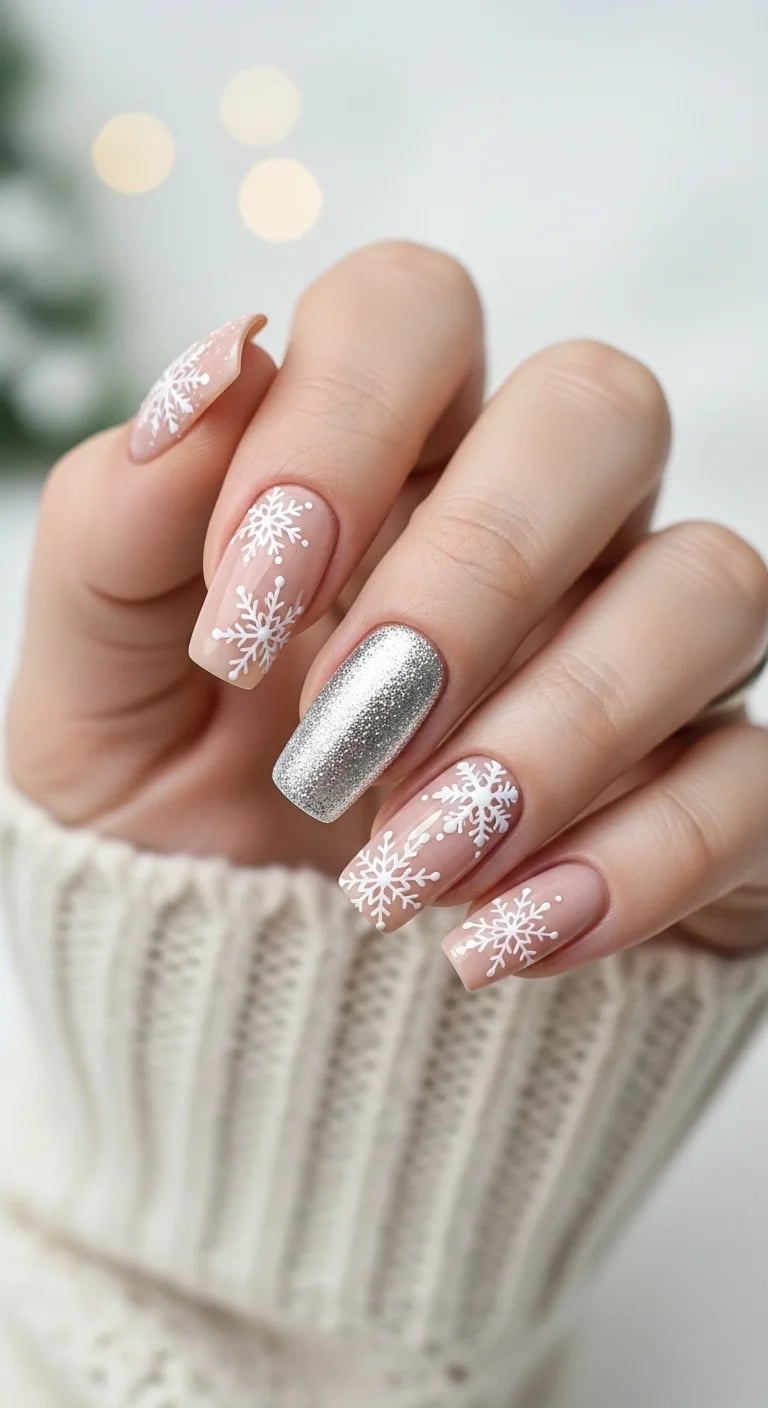 Long Square Beige With Intricate Snowflakes Long Square Beige With Intricate Snowflakes — Nude Christmas Nails