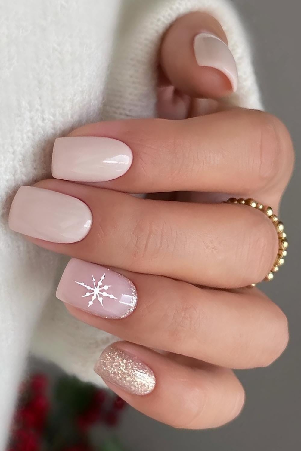 Short Square Pale Pink With Glitter Snowflake Short Square Pale Pink With Glitter Snowflake — Nude Christmas Nails