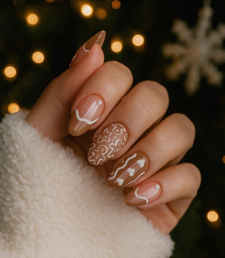 Medium Almond Nude With Gingerbread Men Medium Almond Nude With Gingerbread Men — Nude Christmas Nails