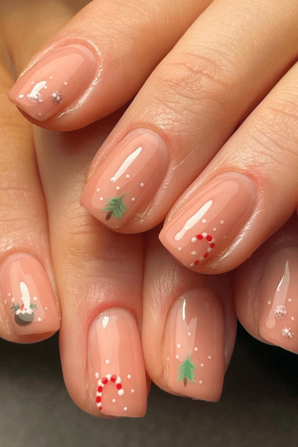 Short Square Sheer Nude With Tiny Trees Short Square Sheer Nude With Tiny Trees — Nude Christmas Nails