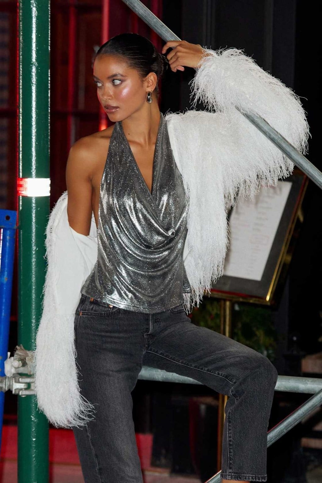 Silver Metallic Top with Jeans and Faux Fur — NYE Outfits