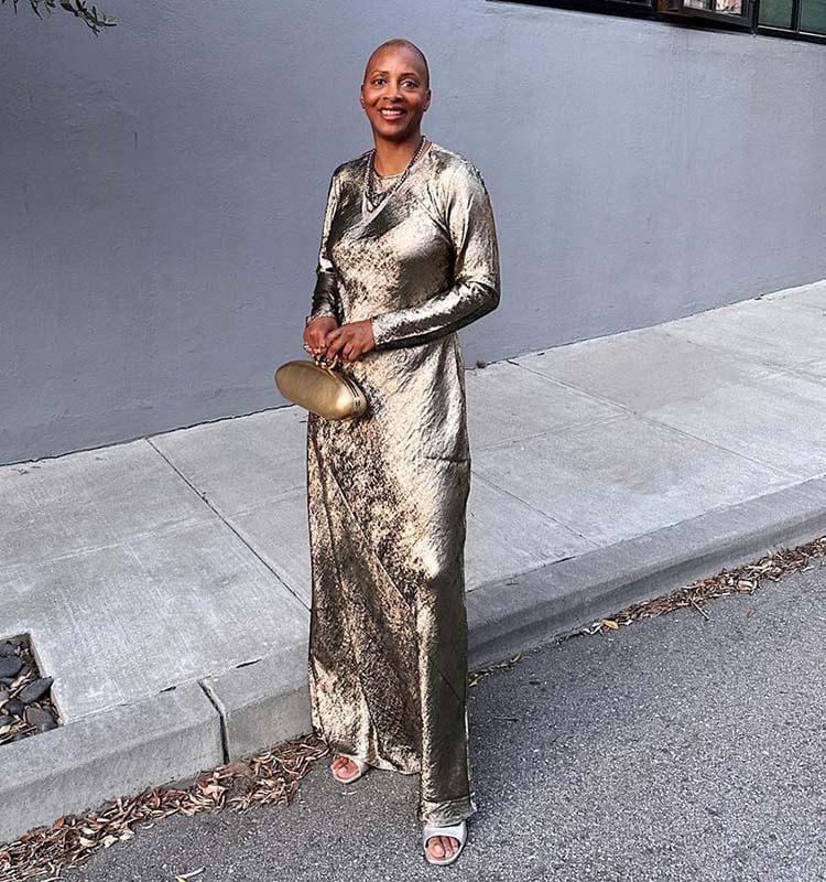 Gold Metallic Maxi Dress with Flat Sandals — NYE Outfits