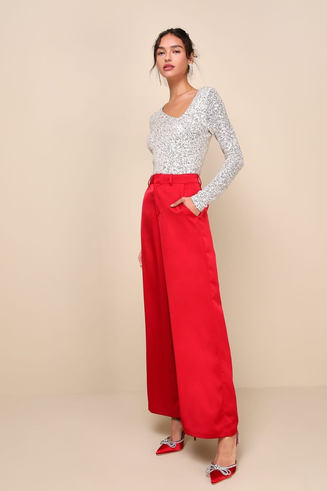 Silver Sequin Top with Red Wide-Leg Trousers — NYE Outfits