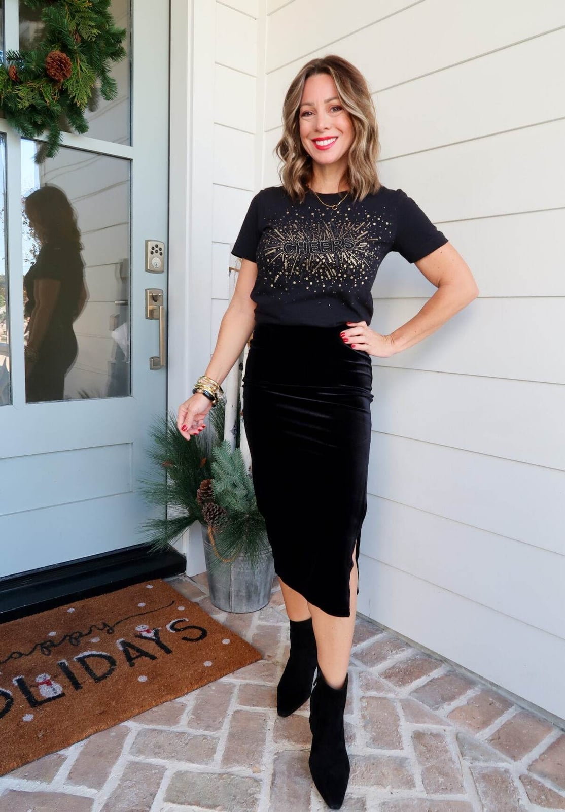 Graphic T-Shirt with Black Velvet Midi Skirt — NYE Outfits