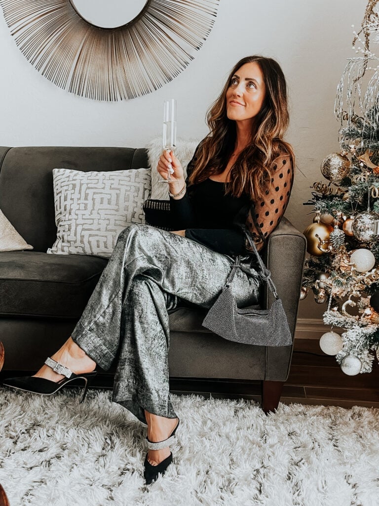 Metallic Wide-Leg Trousers with Sheer Polka Dot Top — NYE Outfits