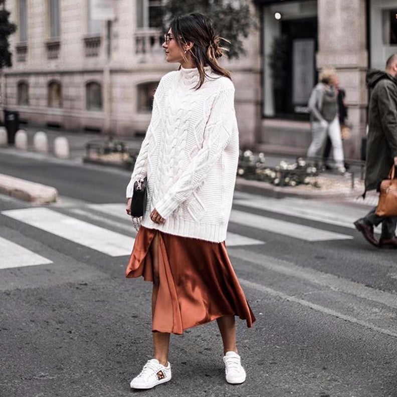 Oversized Knit Sweater with Satin Midi Skirt — NYE Outfits